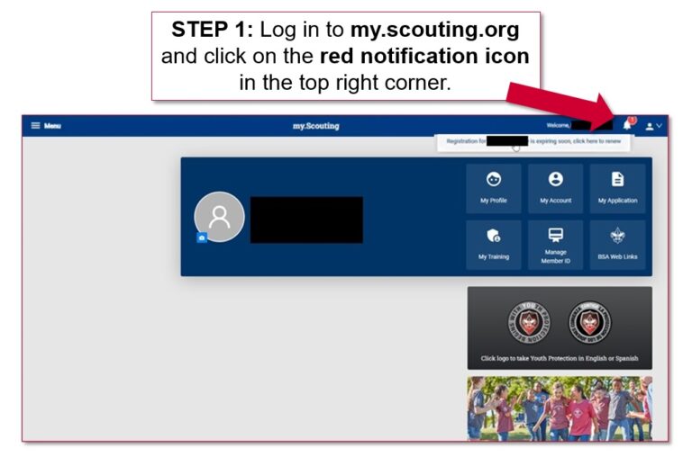 STEP 1: Log in to my.scouting.org and click on the red notification icon in the top right corner.