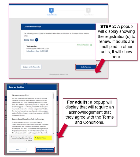 STEP 2: A popup will display showing the registration(s) to renew. If adults are multipled in other units, it will show here. For adults: a popup will display that will require an acknowledgement that they agree with the Terms and Conditions.